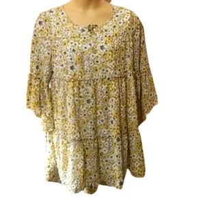 Floral Babydoll,  Bell Sleeves, Tiered Floral  High-low Mini Dress. Lined  NWT,